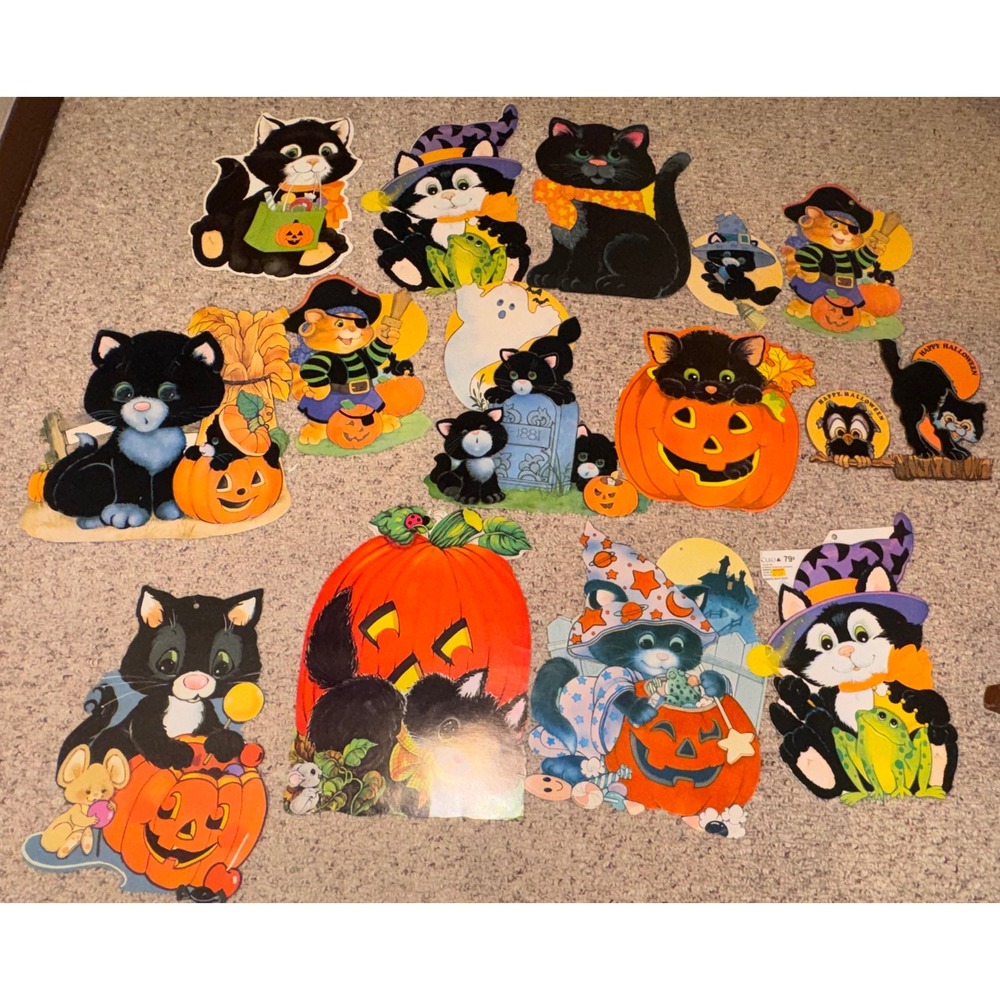 Vintage Halloween Flocked Cat Cutouts Retro 80s 90s Decor Lot of 13